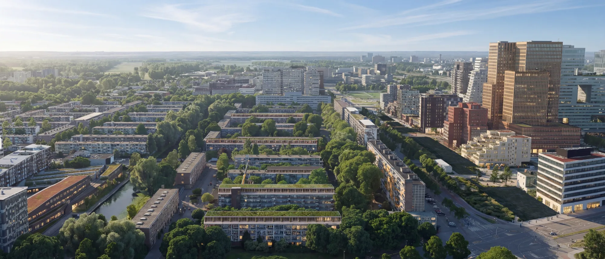 Luchtbeeld van een Amsterdams cluster woonblokken met groene daken en nieuwe bovenste woonlagen, met de stad erachter