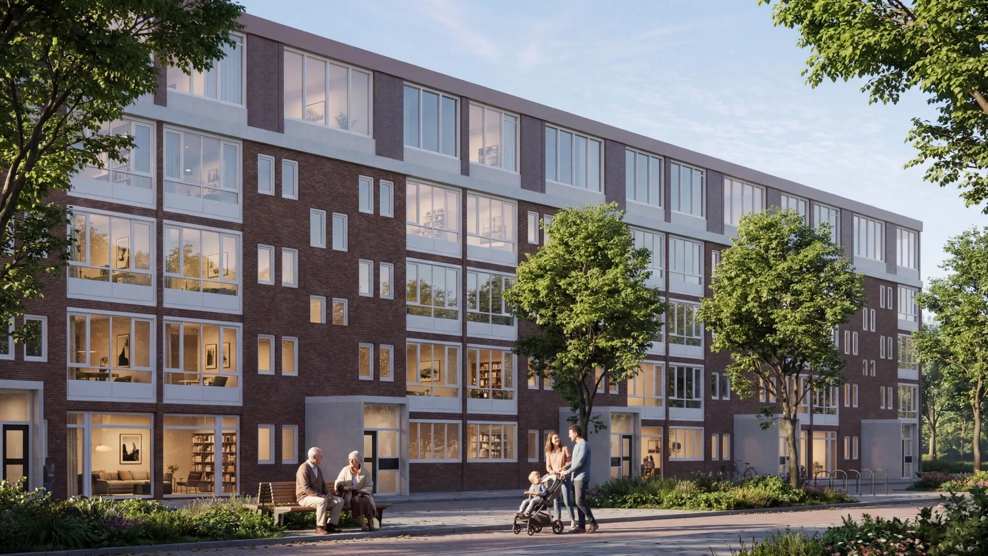 Render van een opgetopt woonblok met een nieuwe, lichte bovenste laag, de Architekten Cie.
