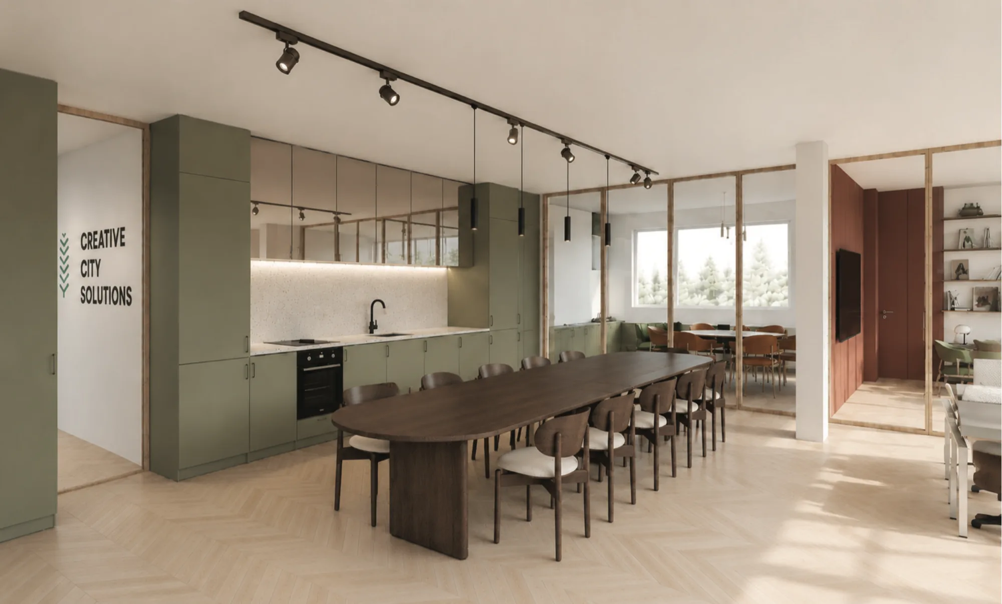 Open kantoorruimte met een lange houten tafel, een groene keuken, een visgraatvloer en het logo van Creative City Solutions op de wand