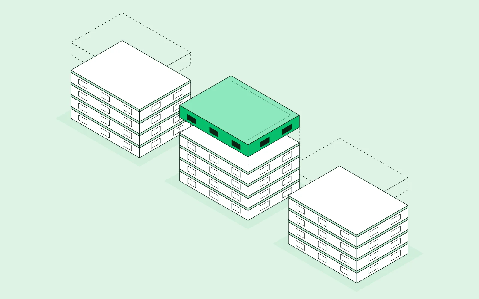 Isometrische tekening van een rij naoorlogse flats. Op het middelste gebouw landt een nieuwe woonlaag in groen; boven de buren staat de contour van de laag die daar nog kan komen.