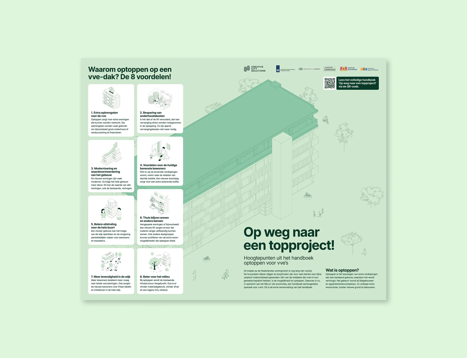 Infographic met de acht voordelen van optoppen op een vve-dak.