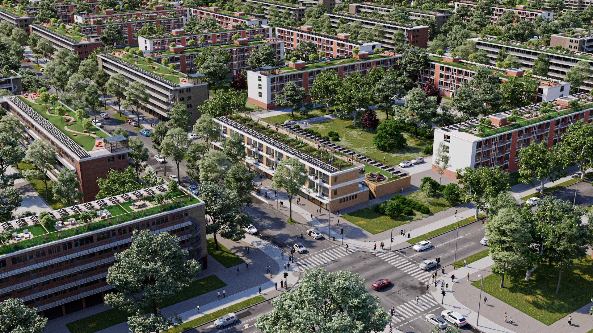 Render van een wijk waarin meerdere gebouwen zijn opgetopt en verduurzaamd met zonnepanelen en groene daken.