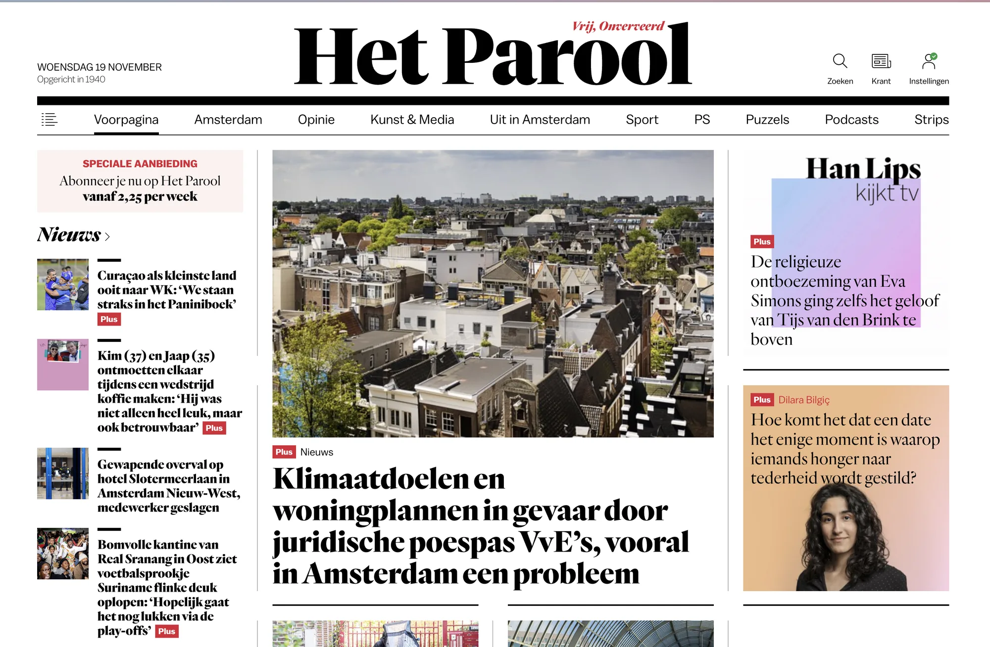 Voorpagina van Het Parool bij het artikel over klimaatdoelen en woonplannen die in gevaar komen door juridische problemen bij vve's.