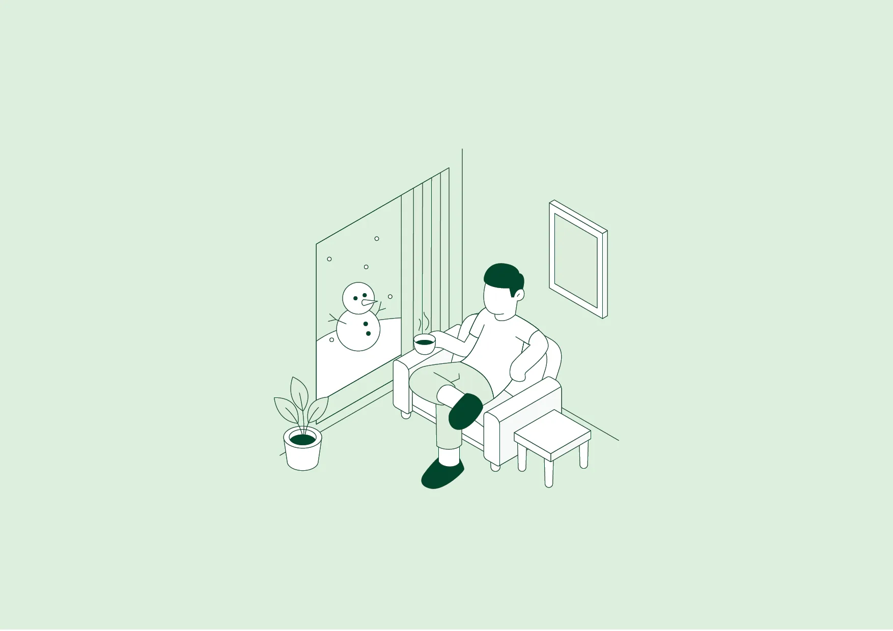 Illustratie van een bewoner die in een warm, geïsoleerd huis van de winterkou geniet.
