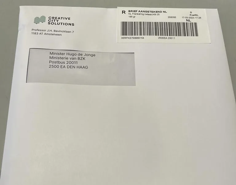Aangetekende brief van Creative City Solutions aan minister Hugo de Jonge over de wetswijziging voor optoppen.