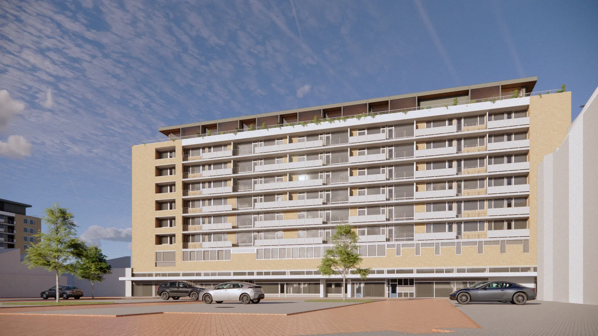 Render van een optopping op een hoog woongebouw, gezien van de voorkant